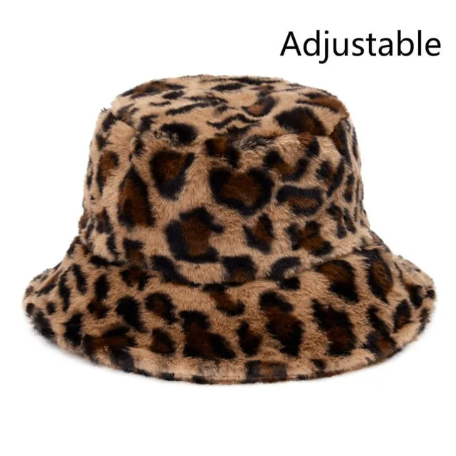 Winter Cow Leopard Faux Fur Fluffy Bucket Hats Women Outdoor Warm Hat