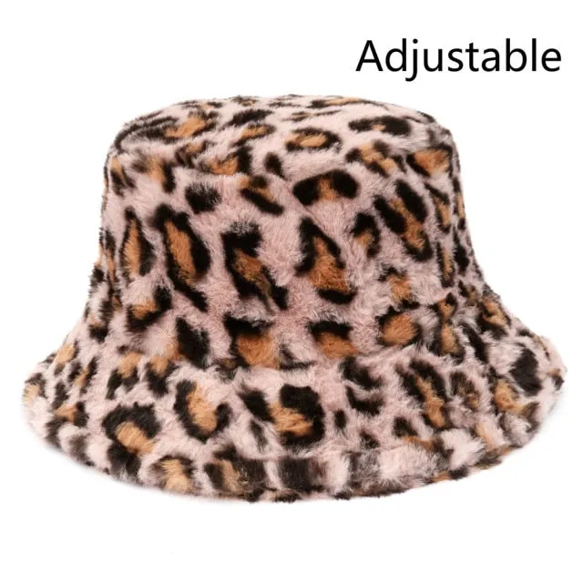 Winter Cow Leopard Faux Fur Fluffy Bucket Hats Women Outdoor Warm Hat