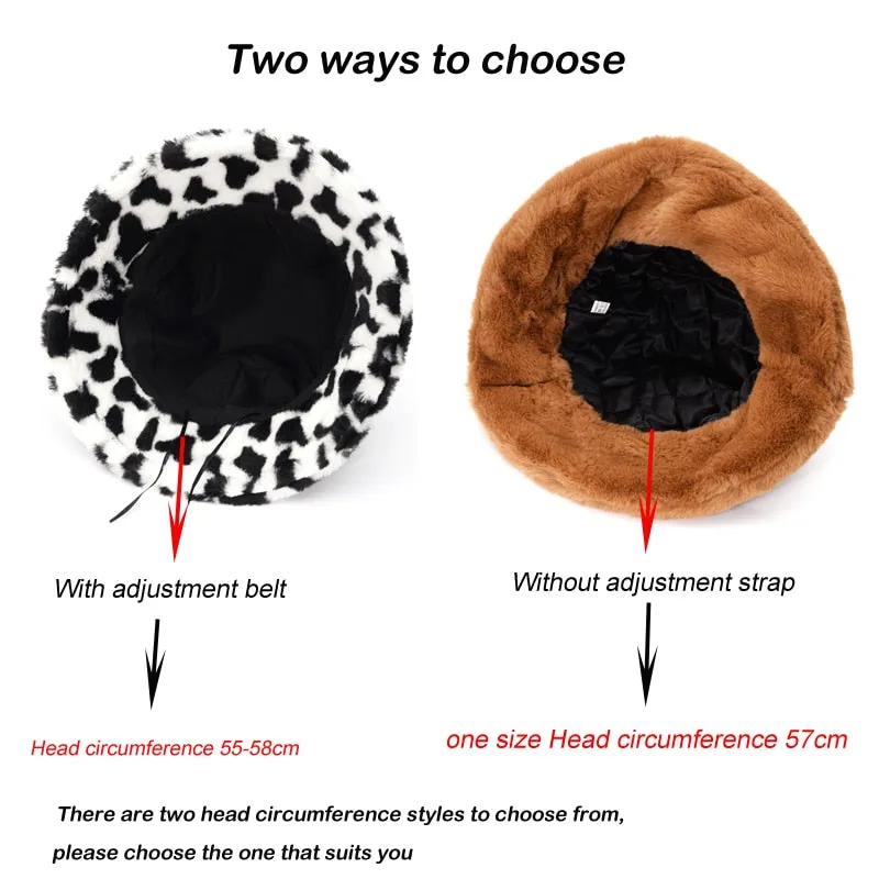 Winter Cow Leopard Faux Fur Fluffy Bucket Hats Women Outdoor Warm Hat