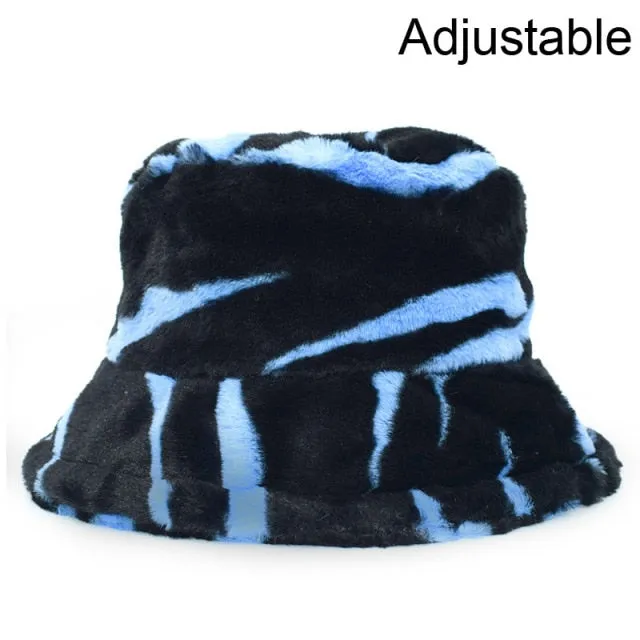 Winter Cow Leopard Faux Fur Fluffy Bucket Hats Women Outdoor Warm Hat