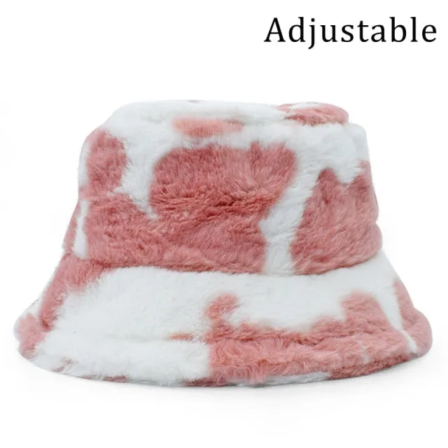 Winter Cow Leopard Faux Fur Fluffy Bucket Hats Women Outdoor Warm Hat