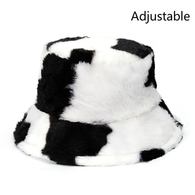 Winter Cow Leopard Faux Fur Fluffy Bucket Hats Women Outdoor Warm Hat