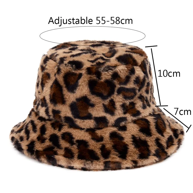 Winter Cow Leopard Faux Fur Fluffy Bucket Hats Women Outdoor Warm Hat