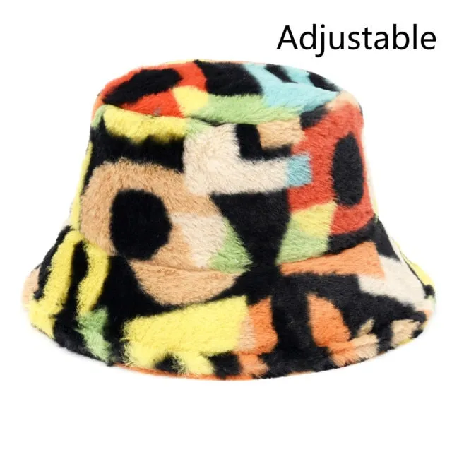 Winter Cow Leopard Faux Fur Fluffy Bucket Hats Women Outdoor Warm Hat