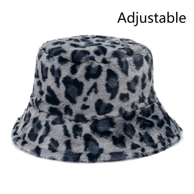 Winter Cow Leopard Faux Fur Fluffy Bucket Hats Women Outdoor Warm Hat