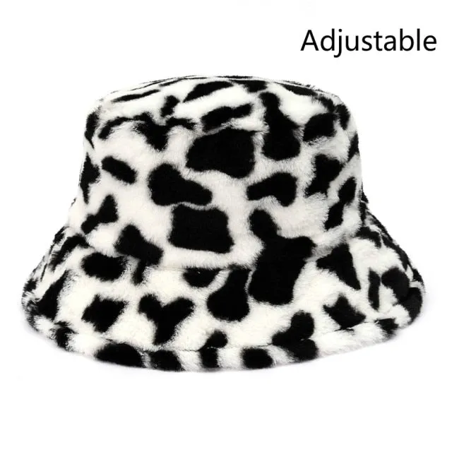 Winter Cow Leopard Faux Fur Fluffy Bucket Hats Women Outdoor Warm Hat