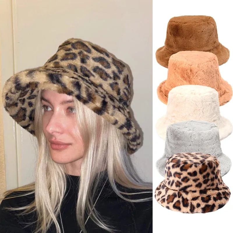 Winter Cow Leopard Faux Fur Fluffy Bucket Hats Women Outdoor Warm Hat