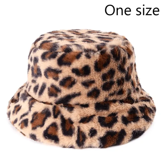 Winter Cow Leopard Faux Fur Fluffy Bucket Hats Women Outdoor Warm Hat