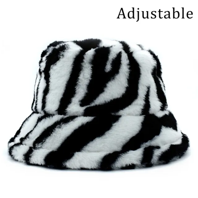 Winter Cow Leopard Faux Fur Fluffy Bucket Hats Women Outdoor Warm Hat