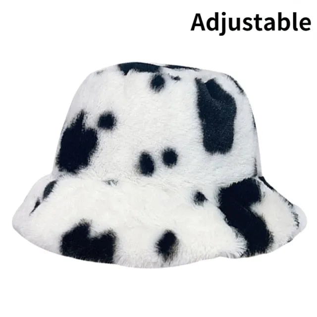 Winter Cow Leopard Faux Fur Fluffy Bucket Hats Women Outdoor Warm Hat