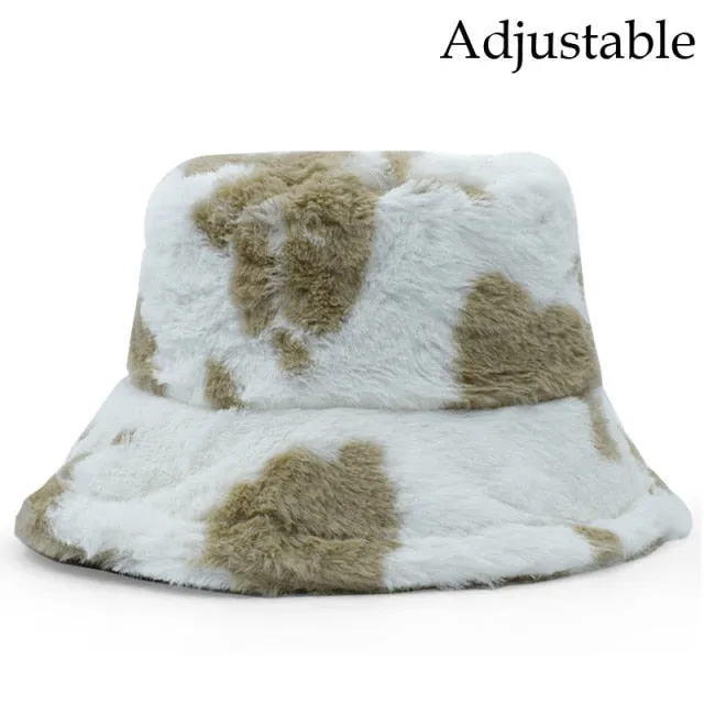 Winter Cow Leopard Faux Fur Fluffy Bucket Hats Women Outdoor Warm Hat