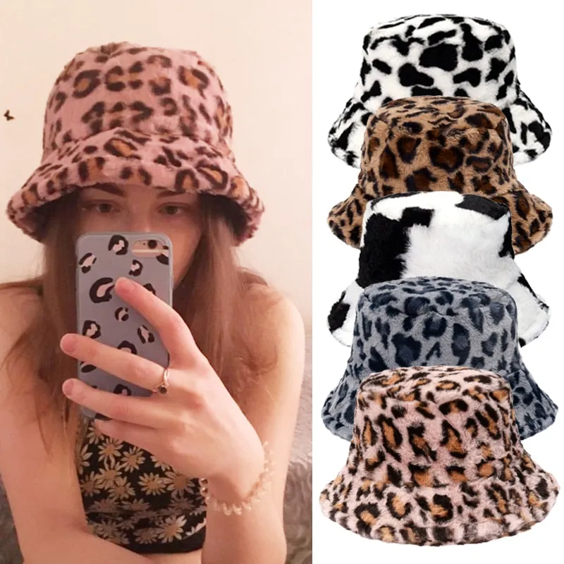 Winter Cow Leopard Faux Fur Fluffy Bucket Hats Women Outdoor Warm Hat