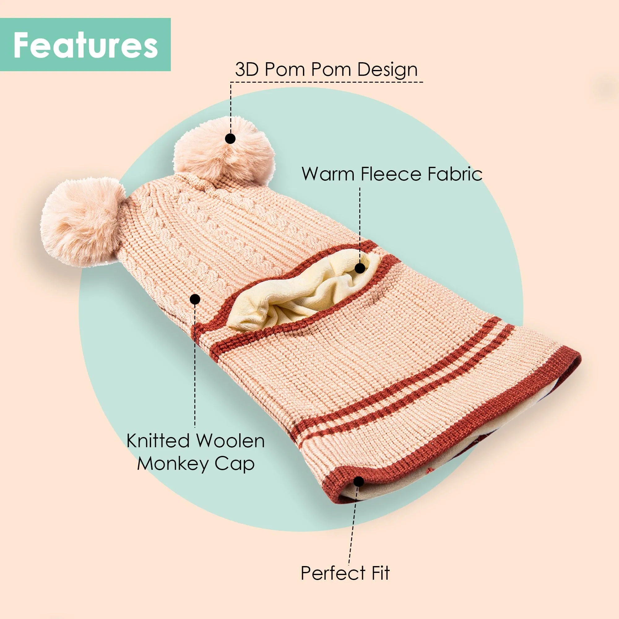 Winter Monkey Cap Woollen Hat Pom Pom Beige