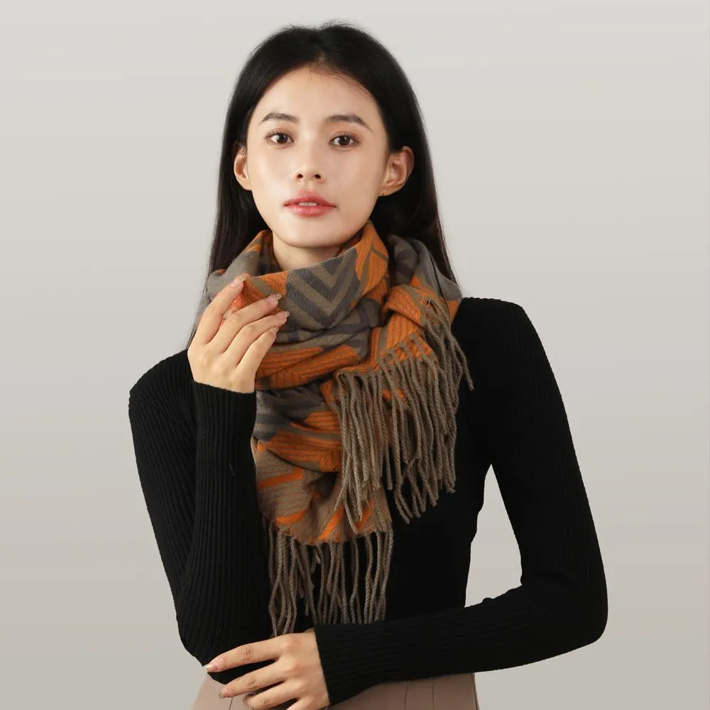 Women's autumn and winter color contrast versatile shawl with thickened tassel imitation cashmere scarf