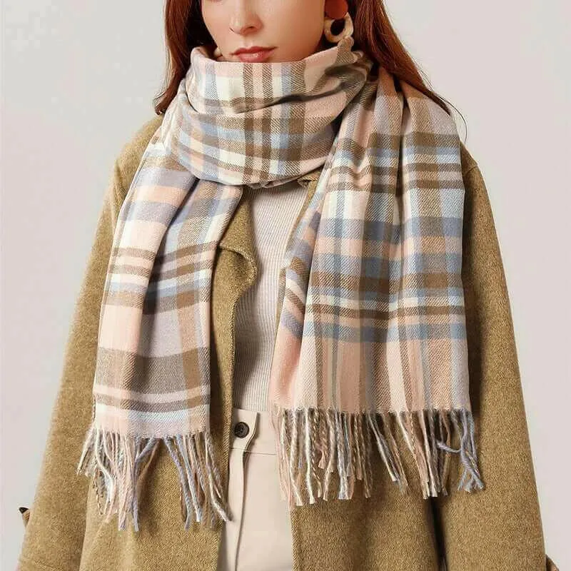 Women's Fall Winter Scarf Classic Tassel Plaid Scarf Warm Tartan Wrap