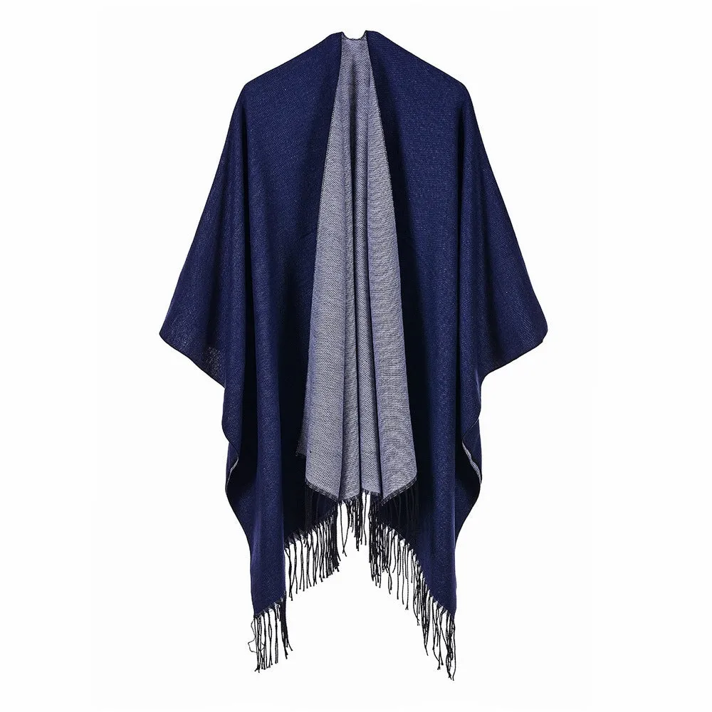 Women's street scarf in autumn and winter, versatile, warm and dual-use, monochrome tassel cape