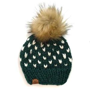 Youth Hearts Knit Pom Hat | Dark Green   Off White