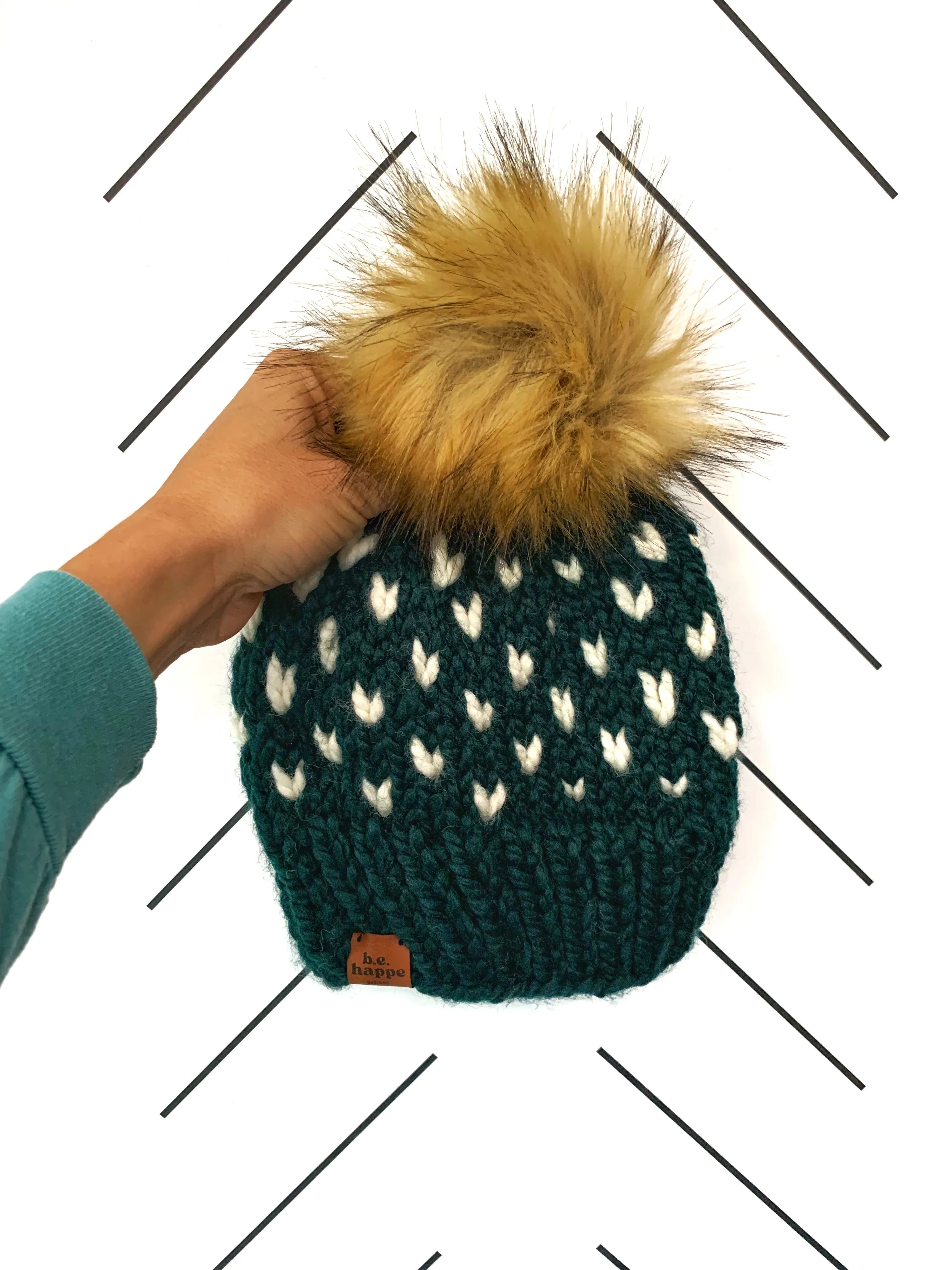 Youth Hearts Knit Pom Hat | Dark Green   Off White